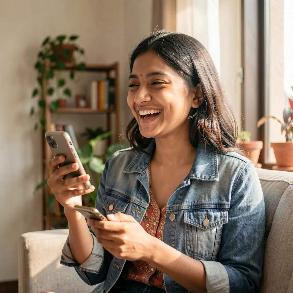 Happy Bangladeshi woman holding her phone and smiling while using the A88O mobile casino app in a cozy indoor setting