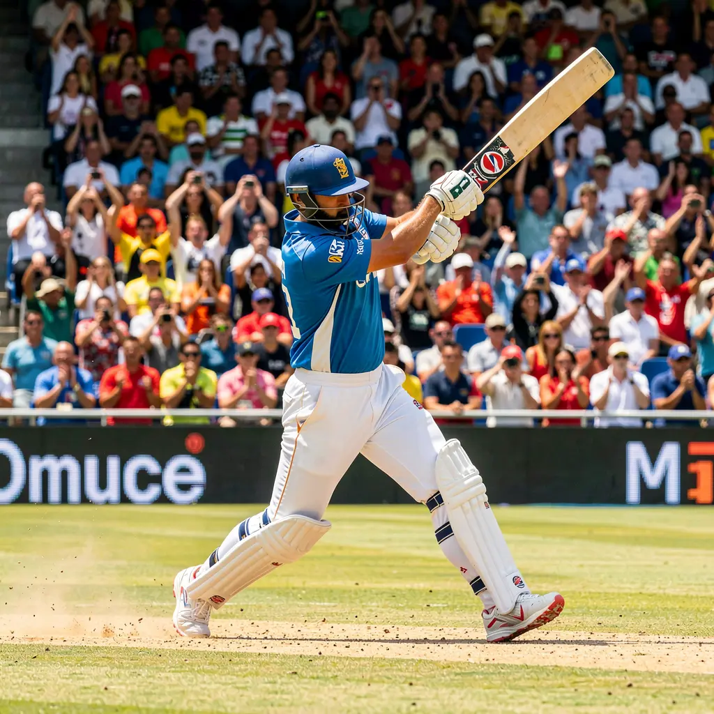 Dynamic cricket match scene with a batsman in full motion and a packed stadium capturing the excitement of live cricket betting on A88O in Bangladesh