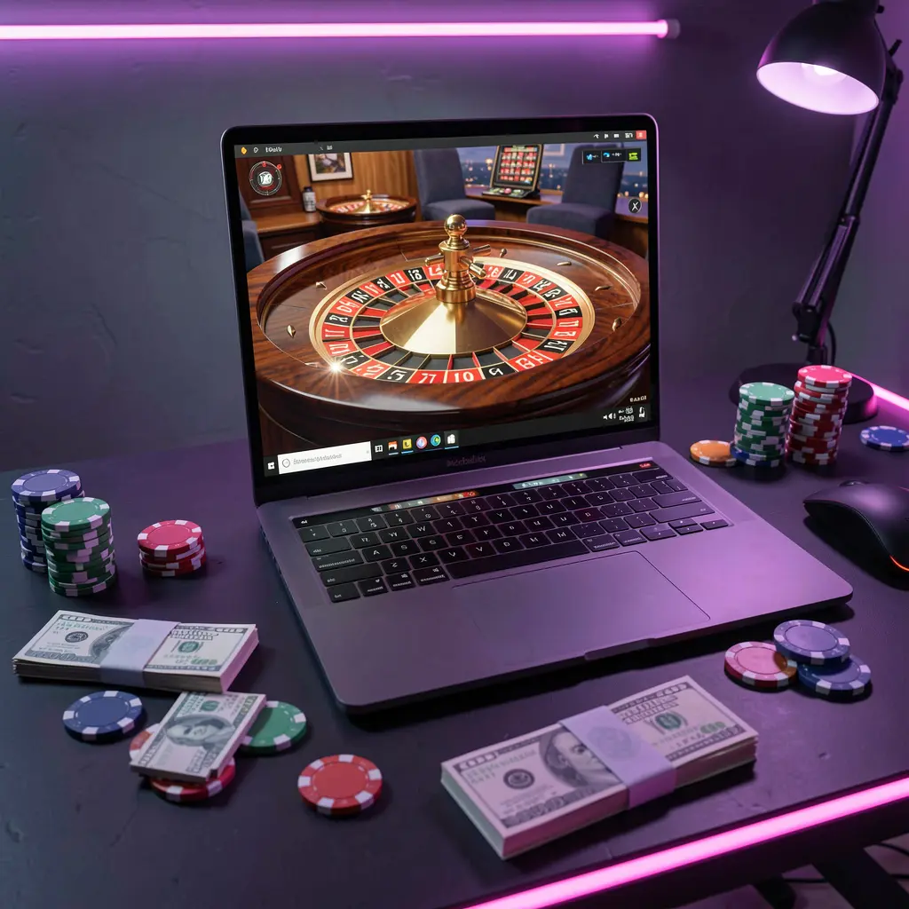 Stylish online casino scene with a laptop displaying a roulette wheel and colorful chips highlighting immersive gameplay at A88O Casino in Bangladesh