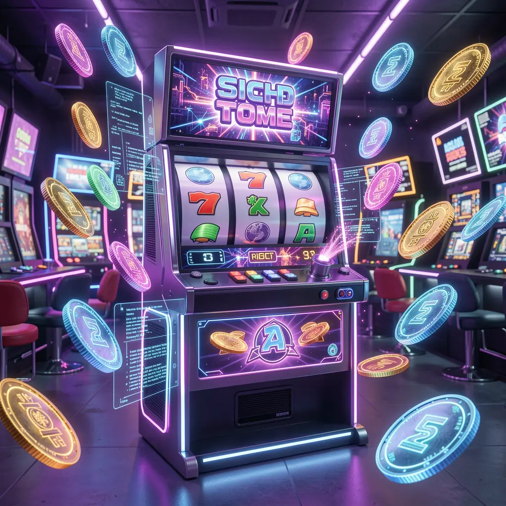 Colorful futuristic slot machine with spinning reels and glowing lights surrounded by digital coins highlighting the immersive slot experience at A88O casino
